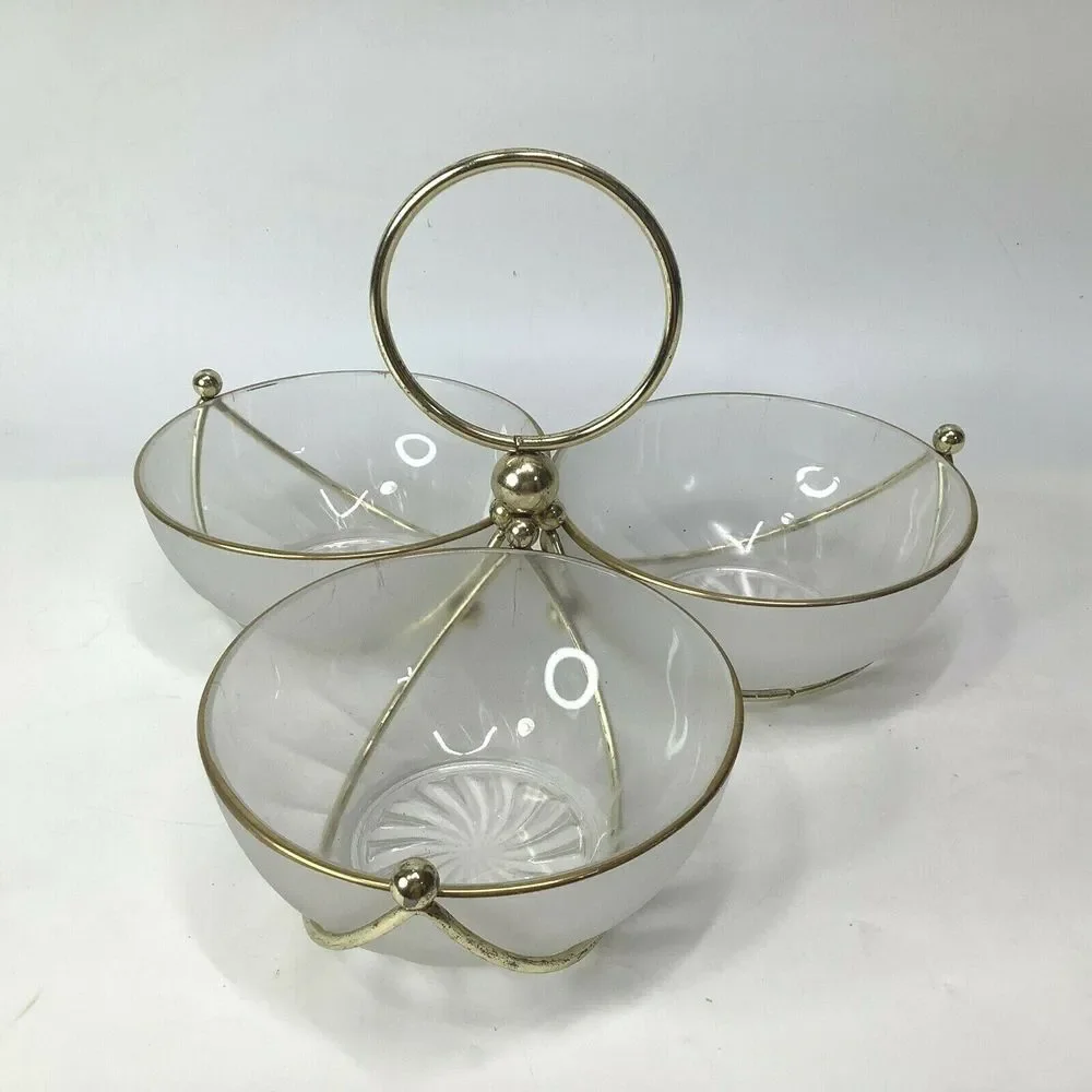 Vintage Libbey MCM Glass Gold Relish Condiment 3 Bowl Set Metal‎ Gold tone Caddy